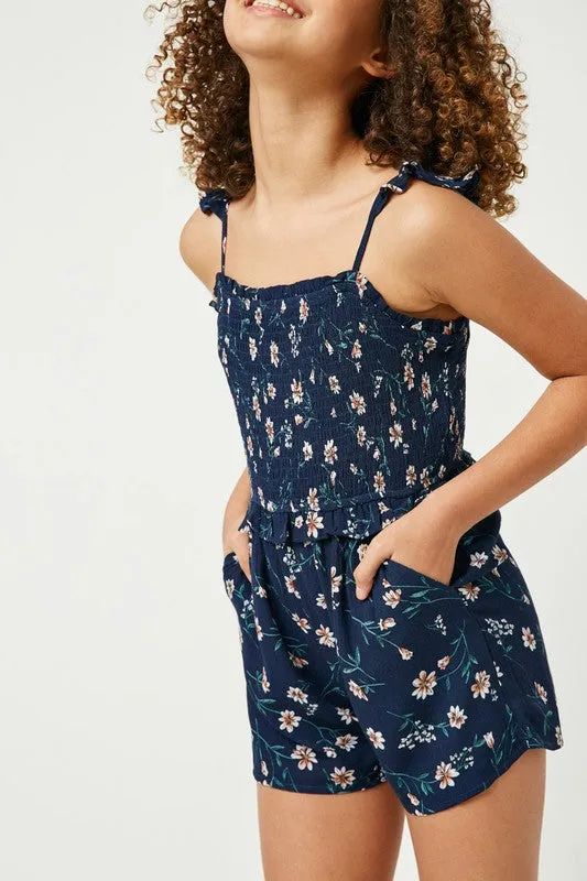 Hayden Los Angeles - Girls Ruffle Floral Smock Romper in Navy