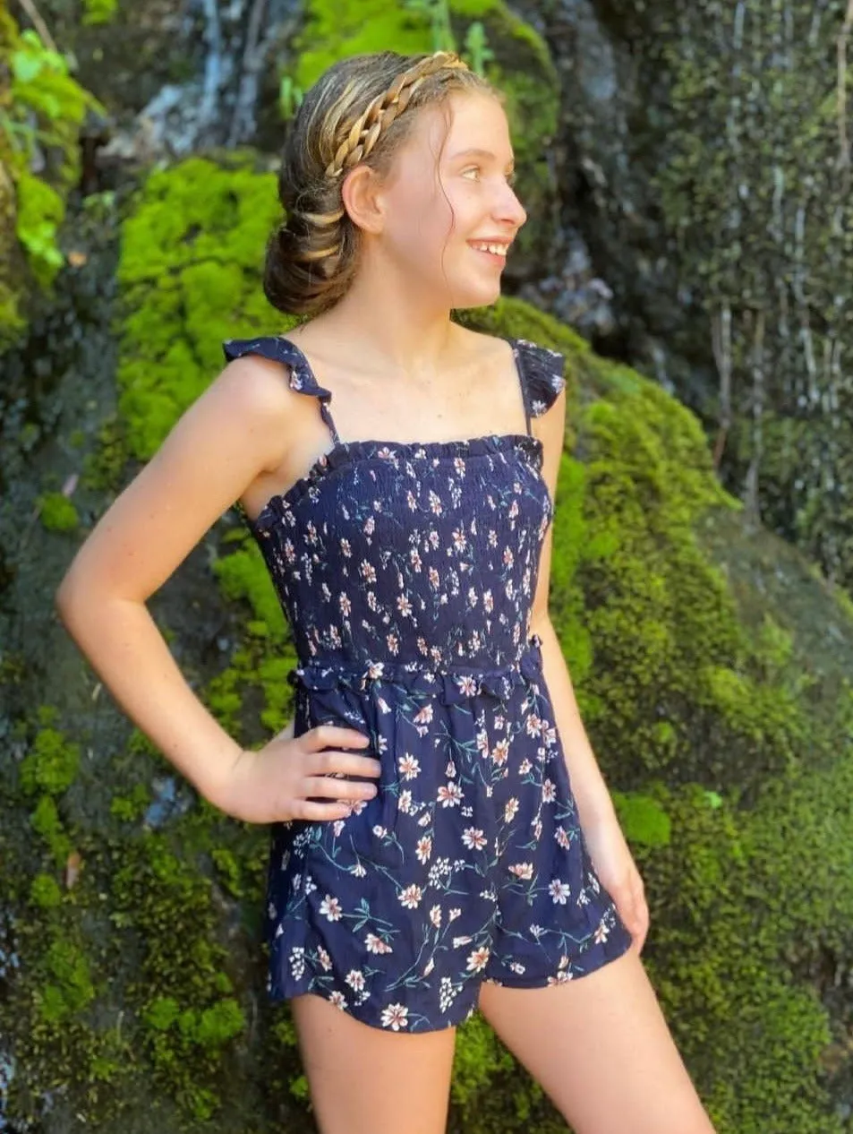 Hayden Los Angeles - Girls Ruffle Floral Smock Romper in Navy