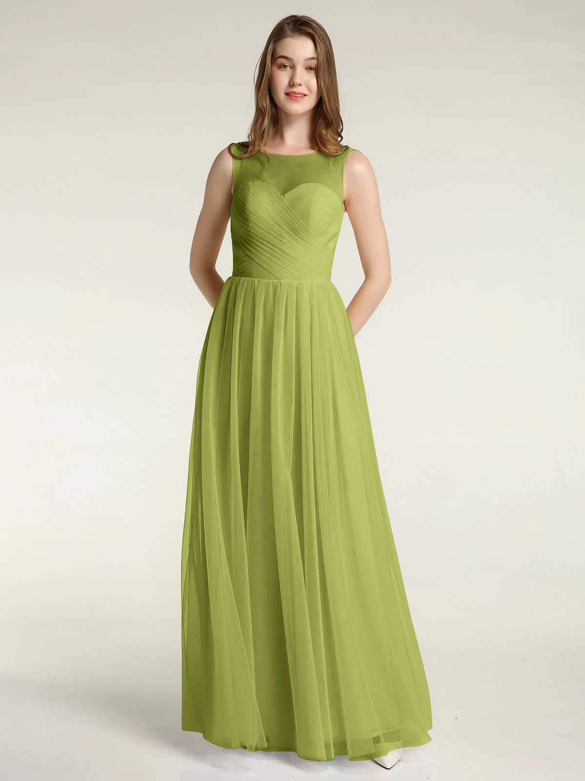 Illusion Neck Cross Tulle Bridesmaid Dresses-Clover