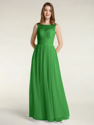 Illusion Neck Cross Tulle Bridesmaid Dresses-Green