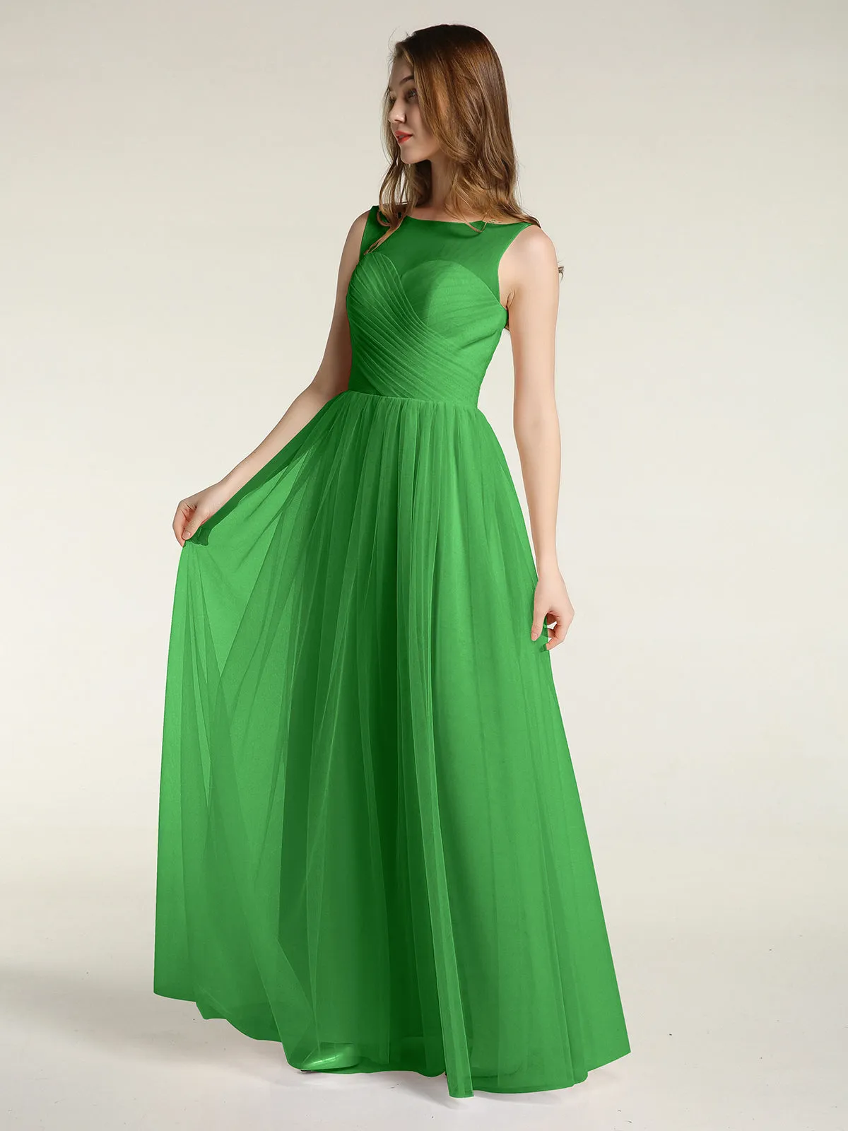 Illusion Neck Cross Tulle Bridesmaid Dresses-Green