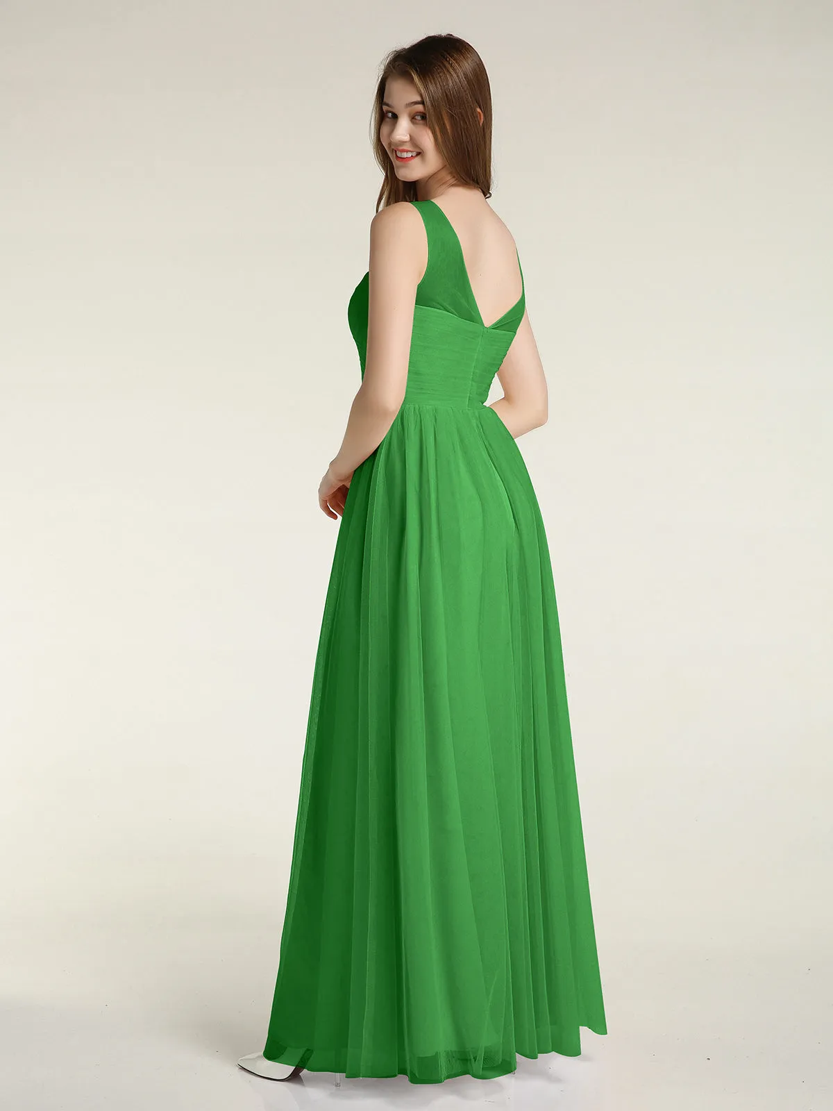Illusion Neck Cross Tulle Bridesmaid Dresses-Green