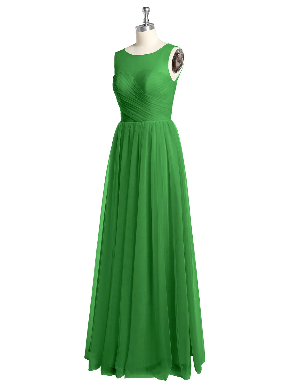 Illusion Neck Cross Tulle Bridesmaid Dresses-Green