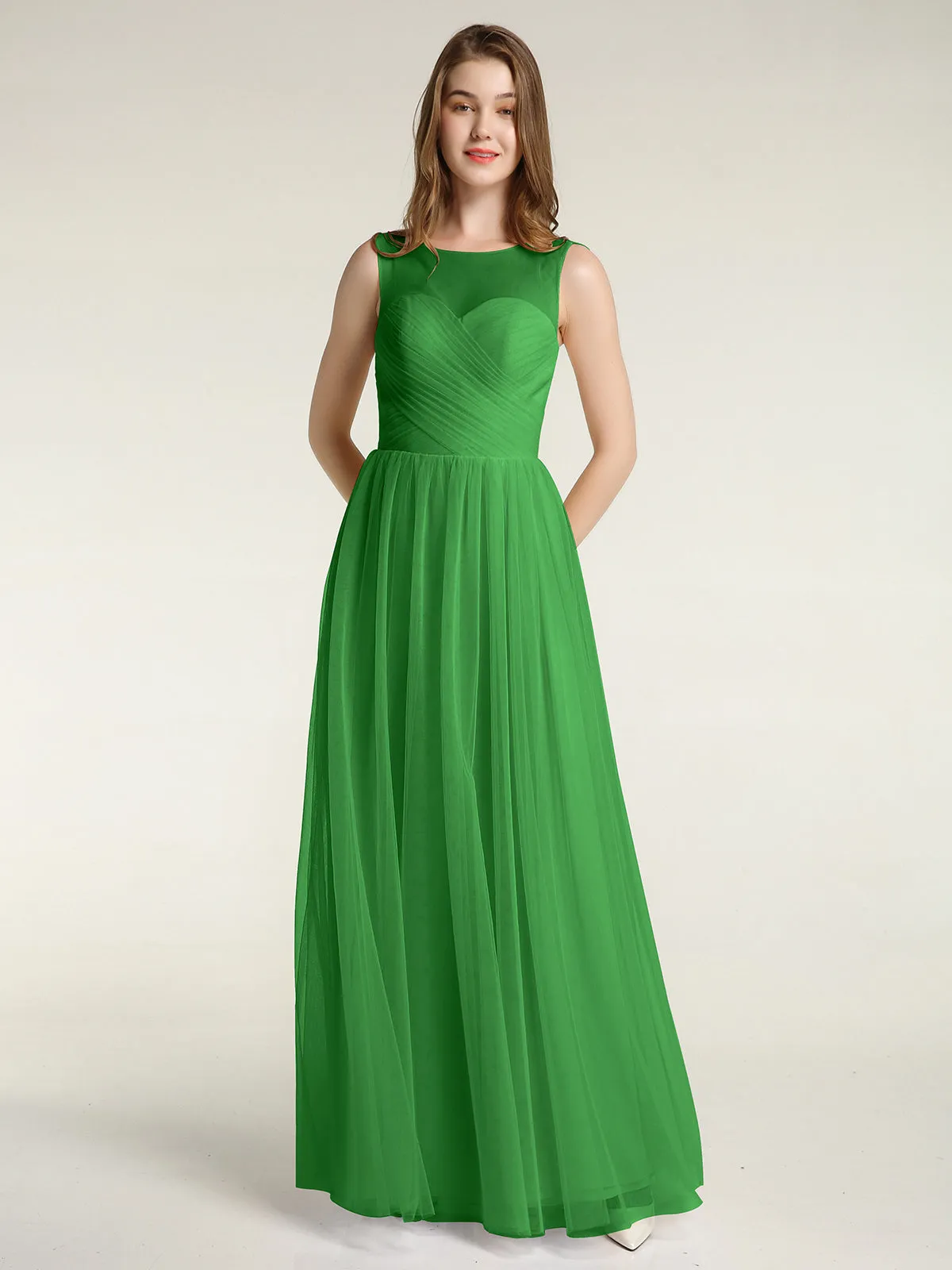 Illusion Neck Cross Tulle Bridesmaid Dresses-Green