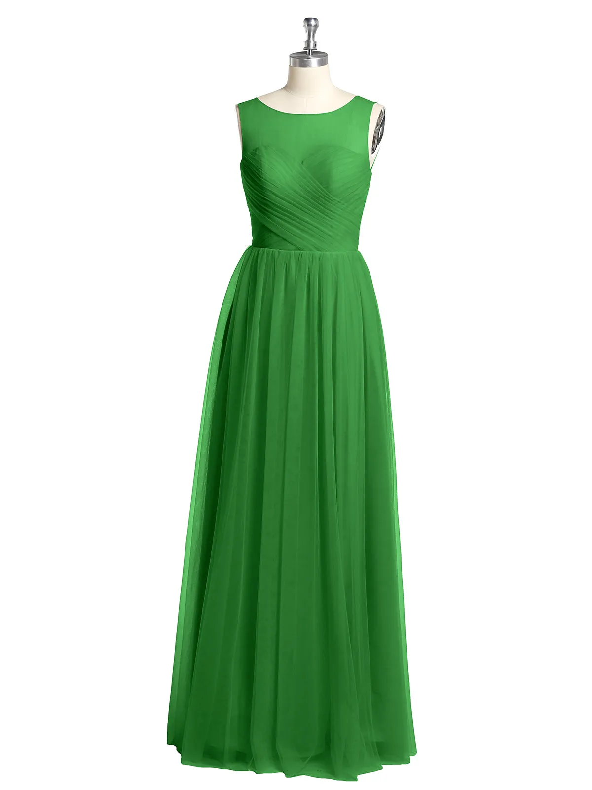 Illusion Neck Cross Tulle Bridesmaid Dresses-Green