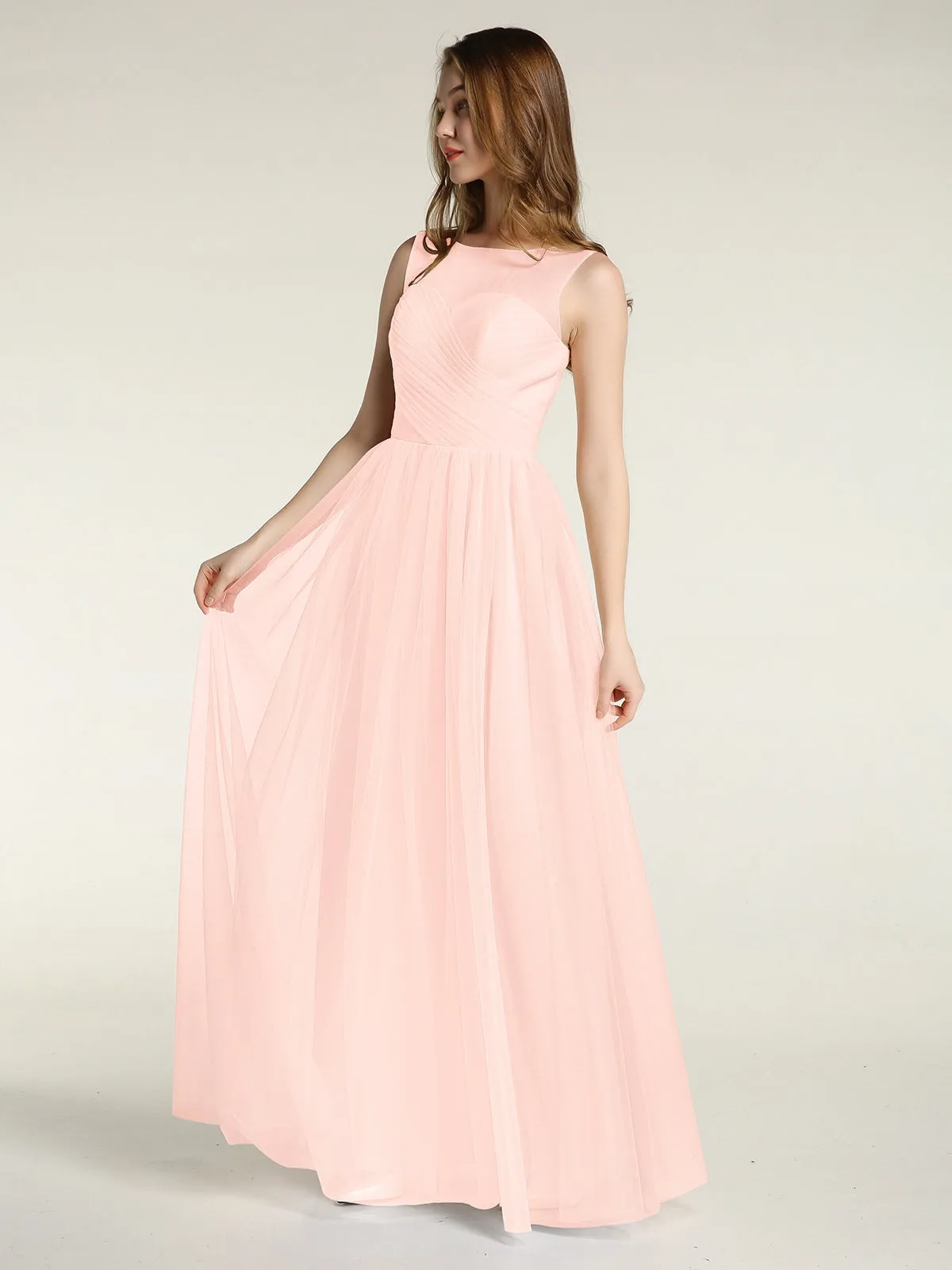 Illusion Neck Cross Tulle Bridesmaid Dresses-Pearl Pink