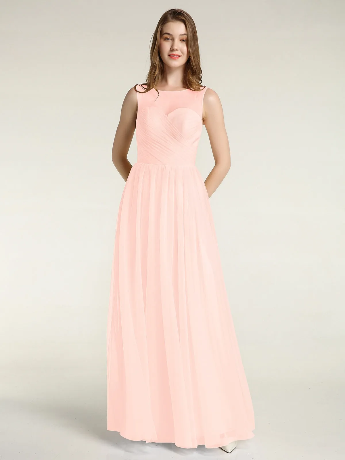 Illusion Neck Cross Tulle Bridesmaid Dresses-Pearl Pink