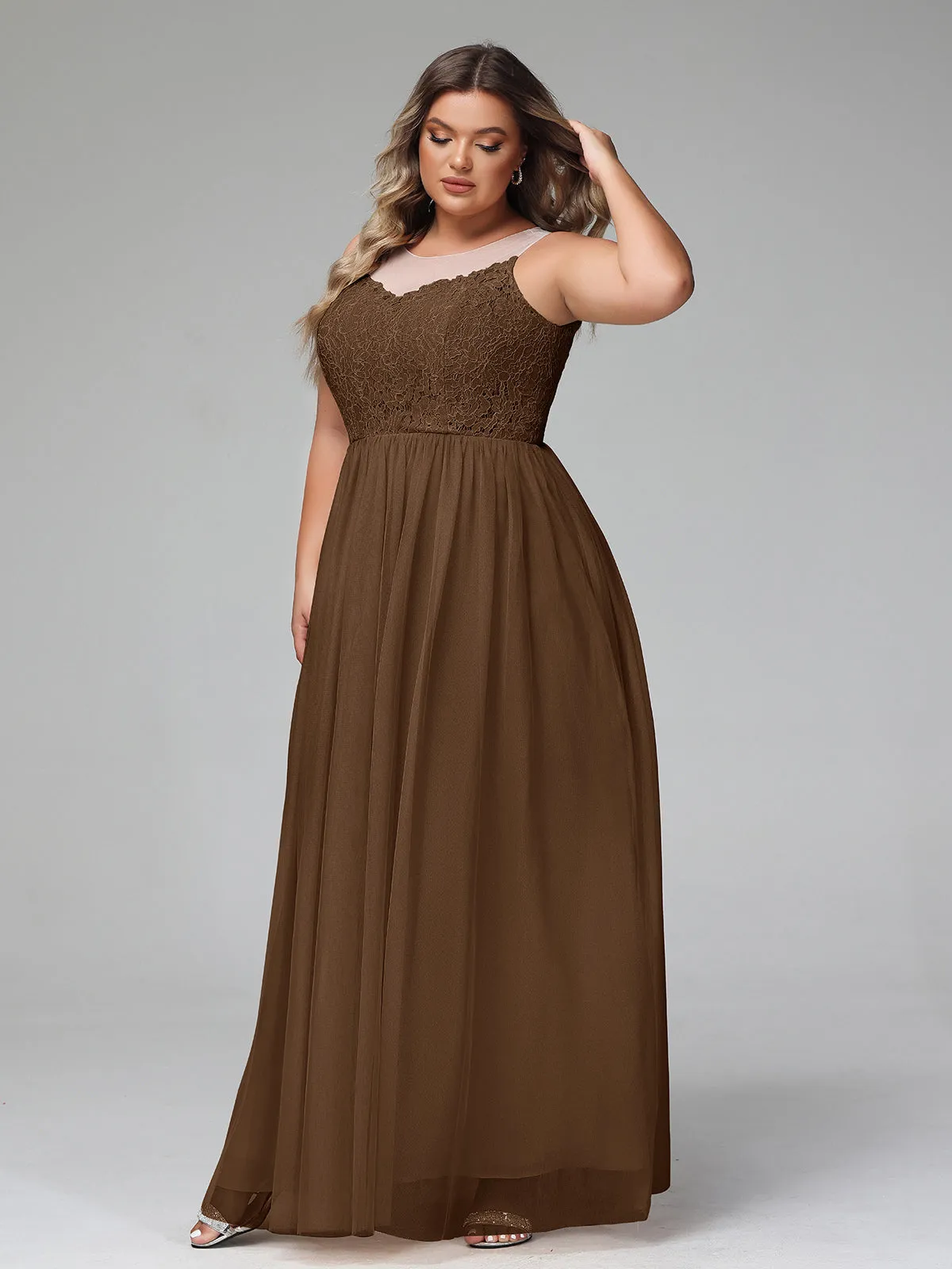 Illusion Neckline Lace and Tulle Maxi Dress-Brown Plus Size