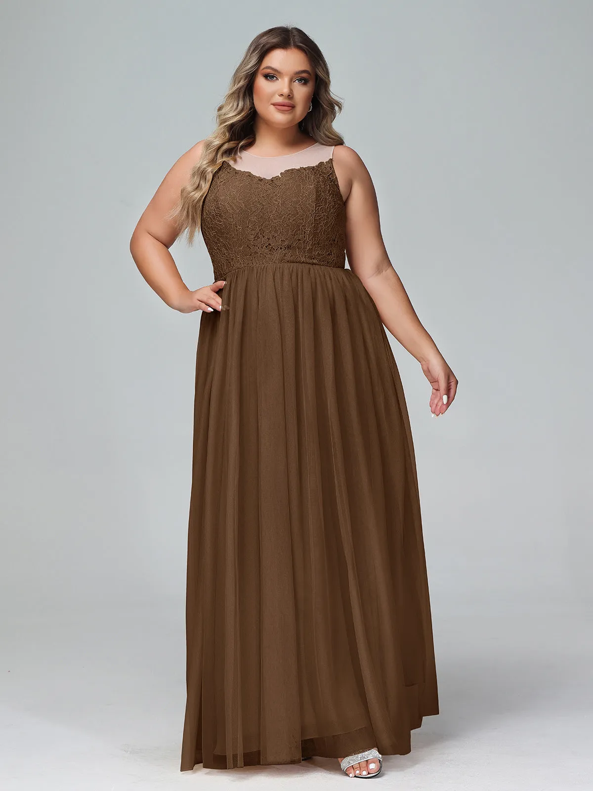 Illusion Neckline Lace and Tulle Maxi Dress-Brown Plus Size