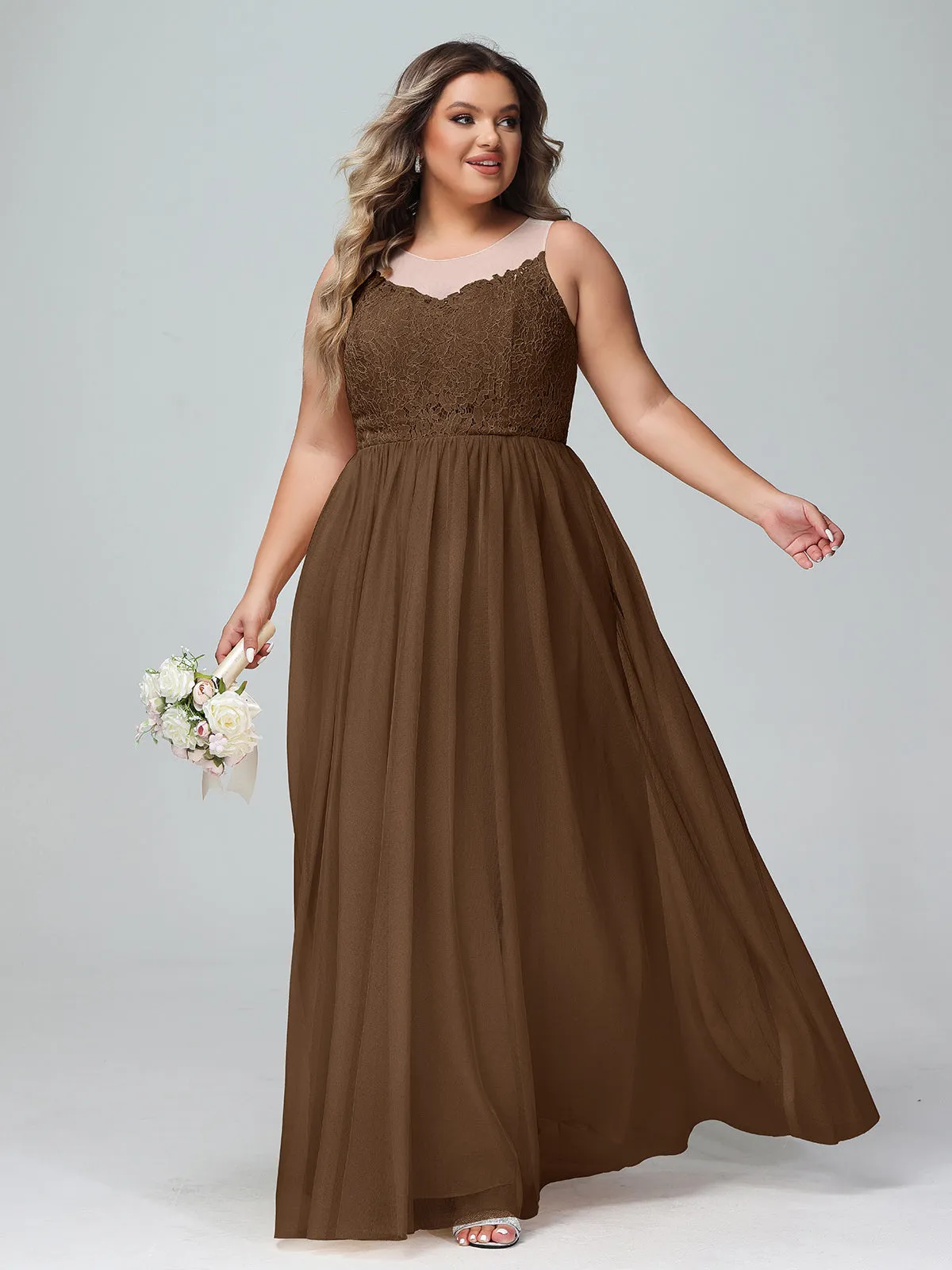 Illusion Neckline Lace and Tulle Maxi Dress-Brown Plus Size