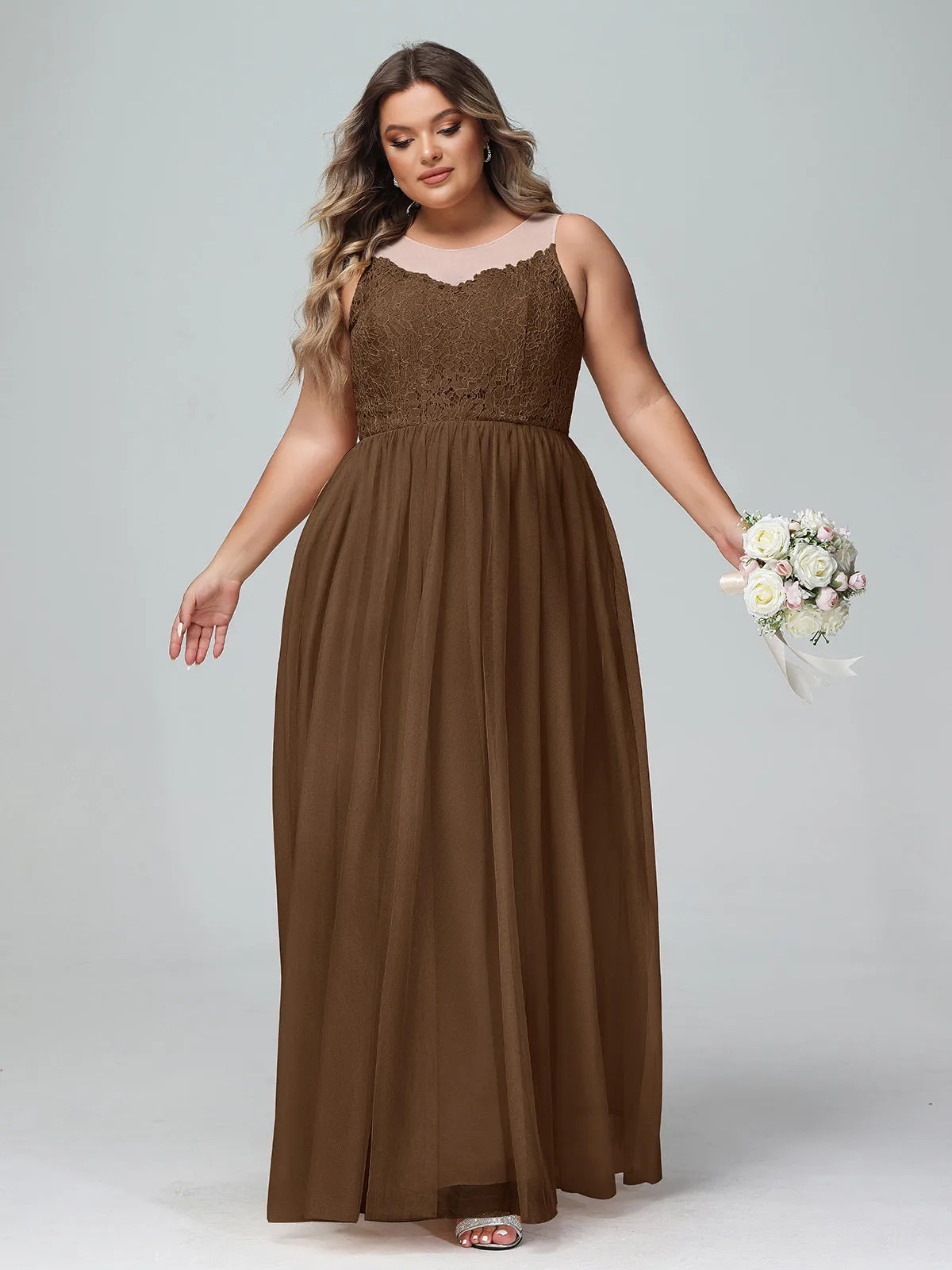 Illusion Neckline Lace and Tulle Maxi Dress-Brown Plus Size