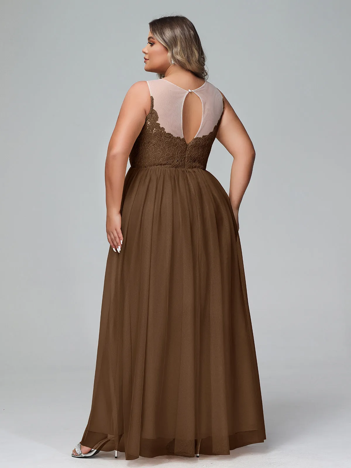 Illusion Neckline Lace and Tulle Maxi Dress-Brown Plus Size