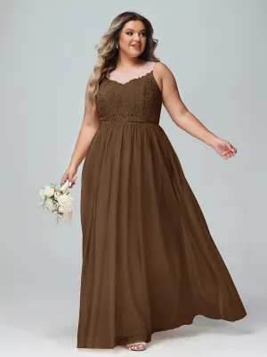 Illusion Neckline Lace and Tulle Maxi Dress-Brown Plus Size