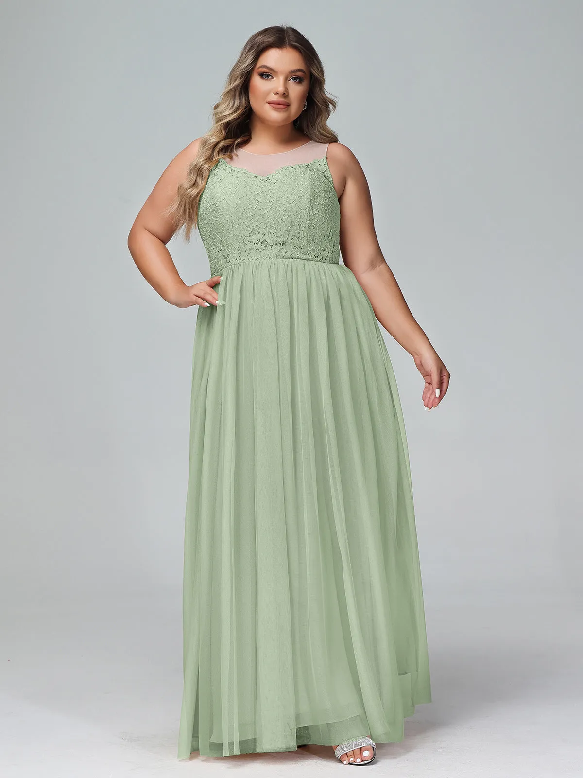 Illusion Neckline Lace and Tulle Maxi Dress-Dusty Sage Plus Size