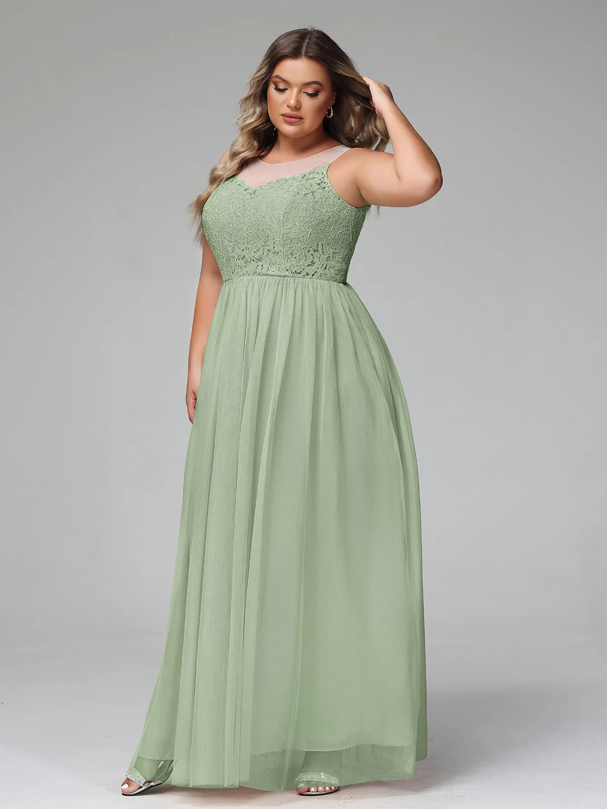 Illusion Neckline Lace and Tulle Maxi Dress-Dusty Sage Plus Size