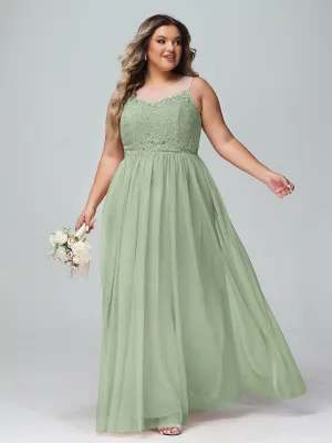 Illusion Neckline Lace and Tulle Maxi Dress-Dusty Sage Plus Size
