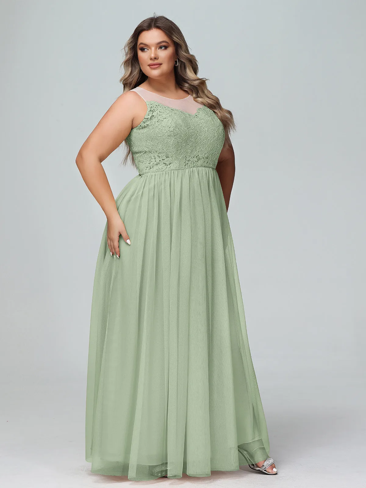 Illusion Neckline Lace and Tulle Maxi Dress-Dusty Sage Plus Size