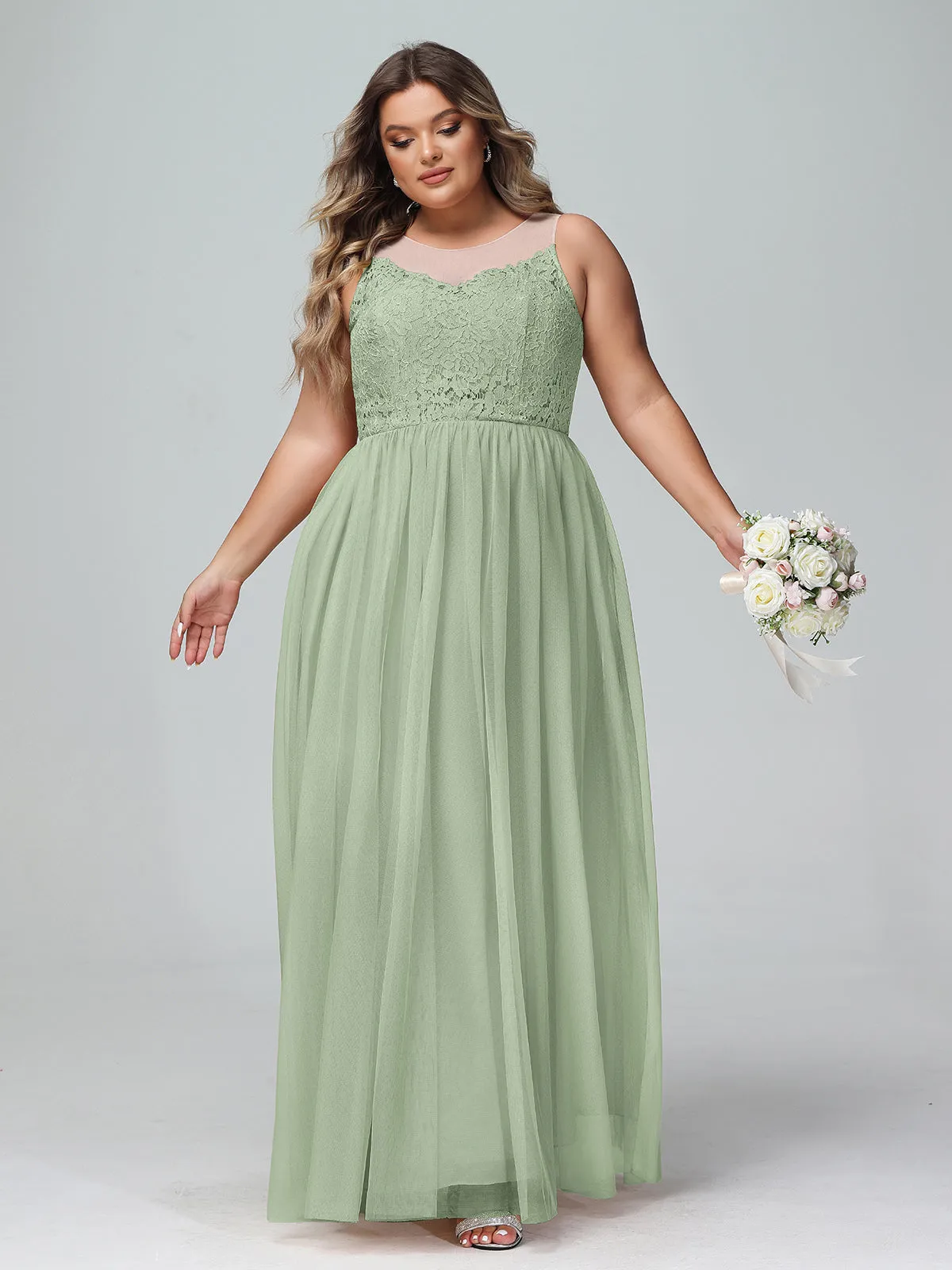 Illusion Neckline Lace and Tulle Maxi Dress-Dusty Sage Plus Size