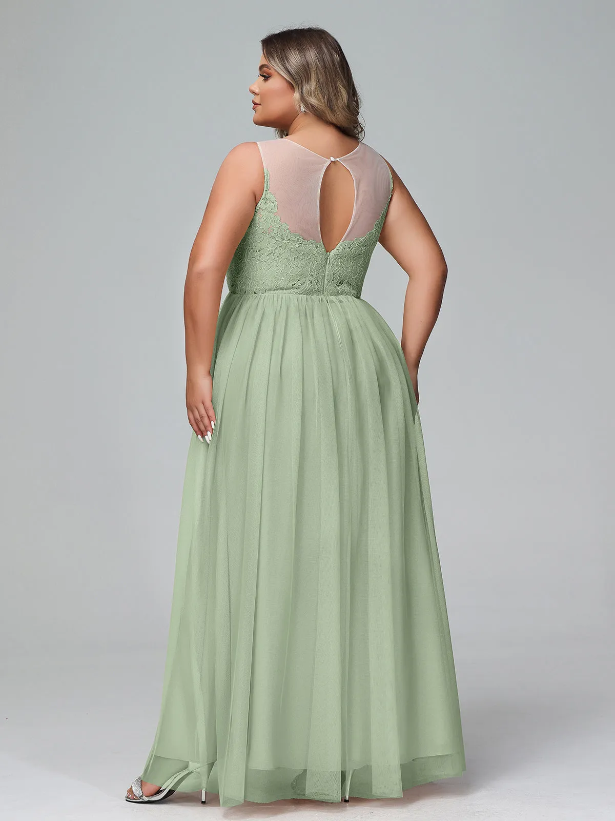 Illusion Neckline Lace and Tulle Maxi Dress-Dusty Sage Plus Size