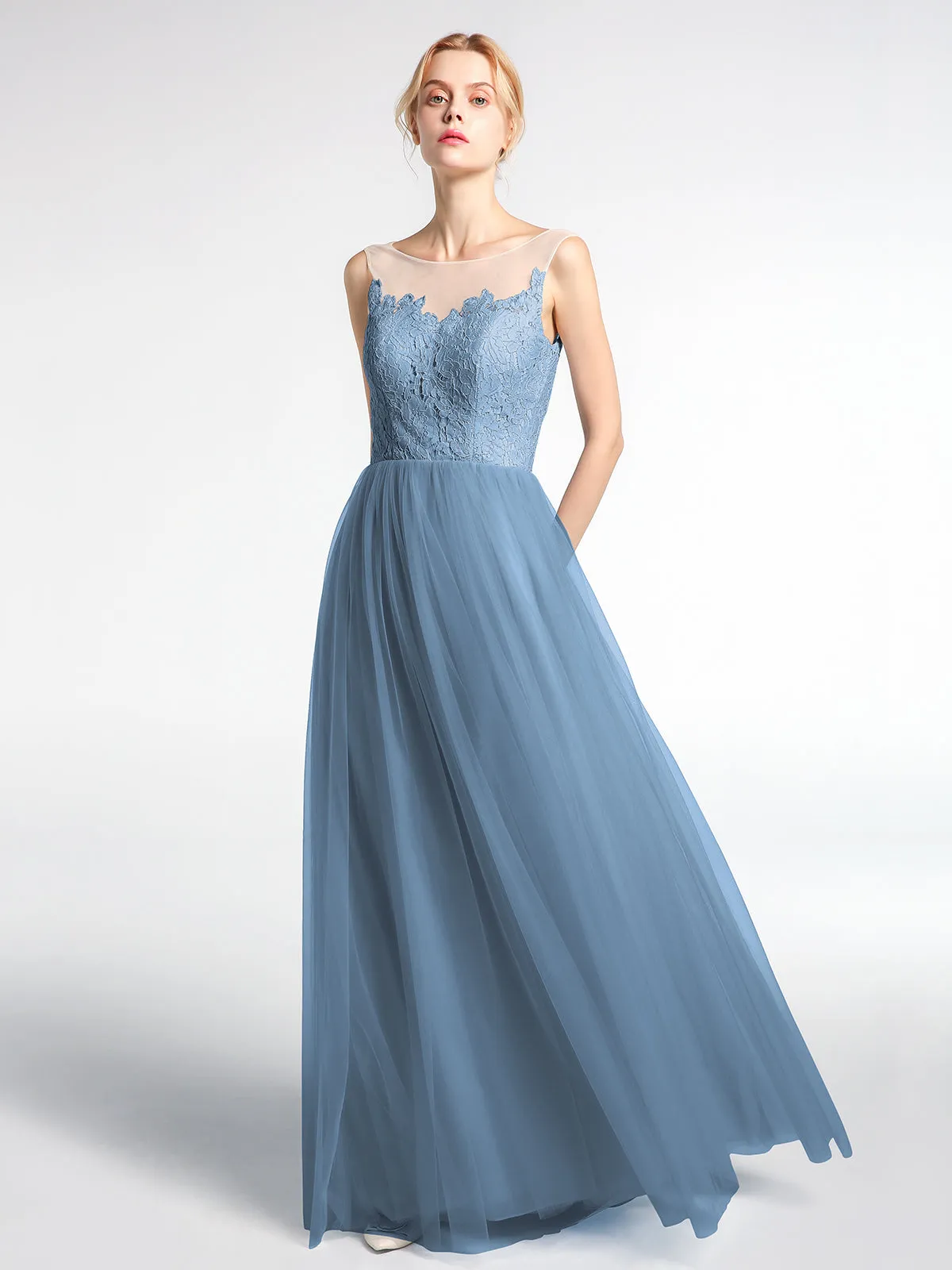 Illusion Neckline Lace and Tulle Maxi Dress-Slate Blue