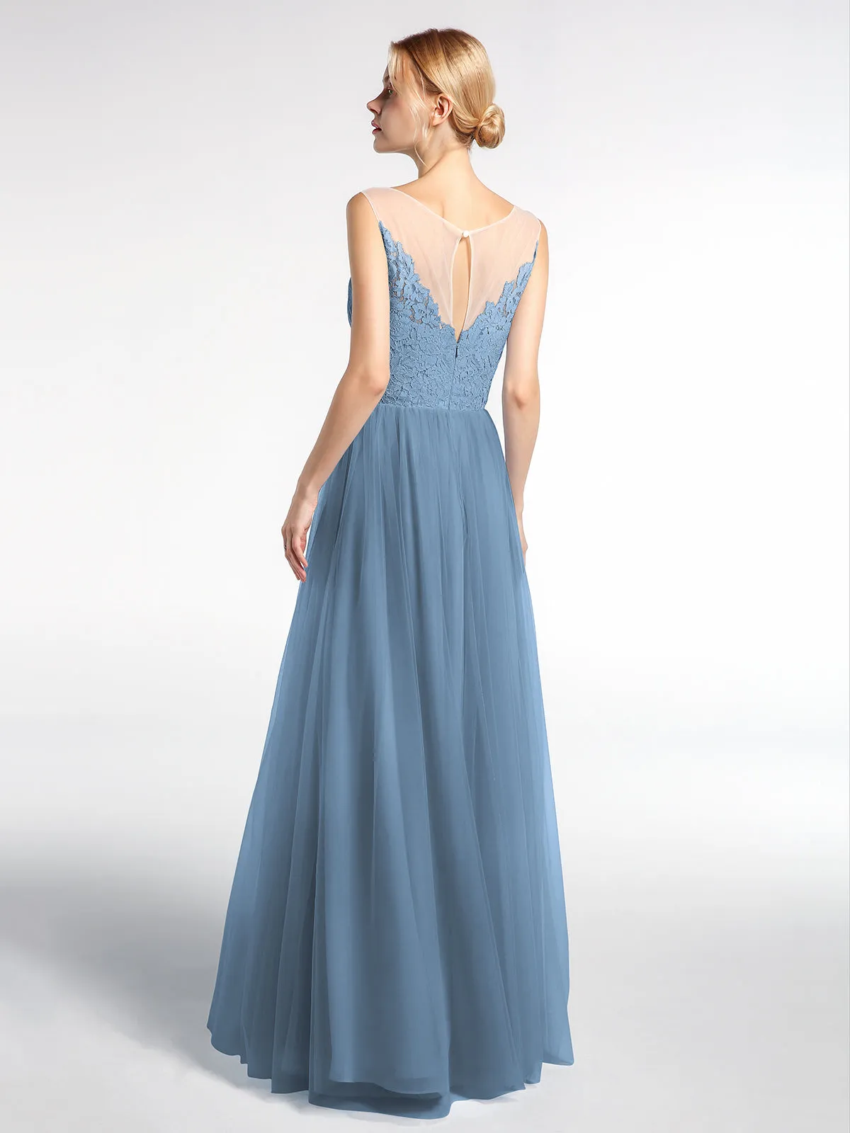 Illusion Neckline Lace and Tulle Maxi Dress-Slate Blue