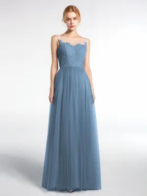Illusion Neckline Lace and Tulle Maxi Dress-Slate Blue