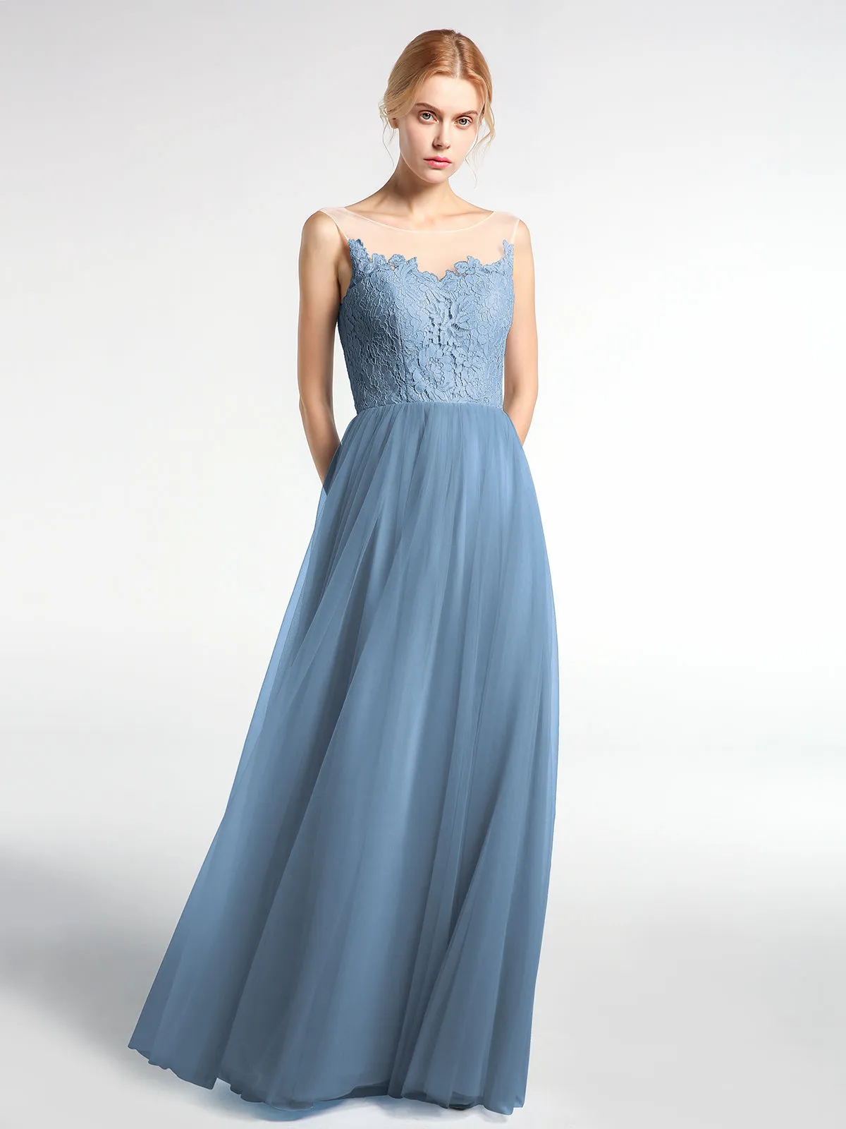 Illusion Neckline Lace and Tulle Maxi Dress-Slate Blue
