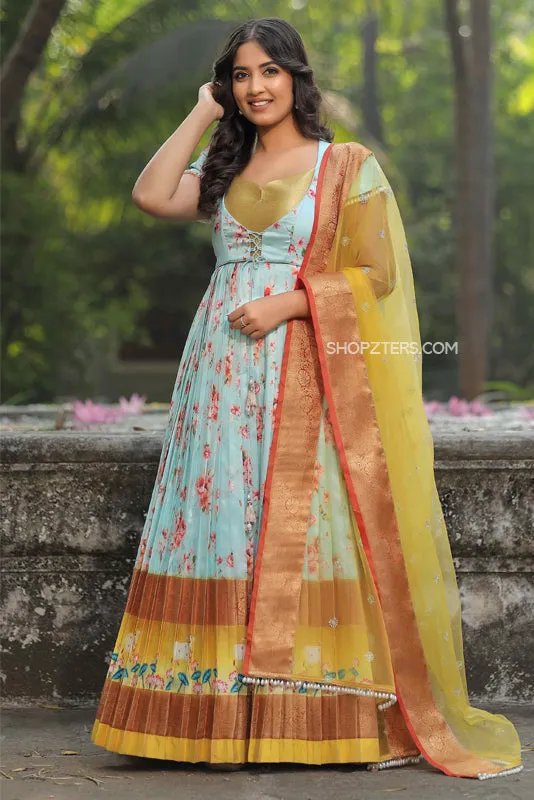 Iris Floral Silk Anarkali Dress