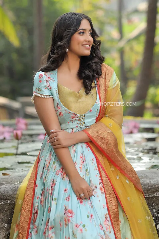 Iris Floral Silk Anarkali Dress