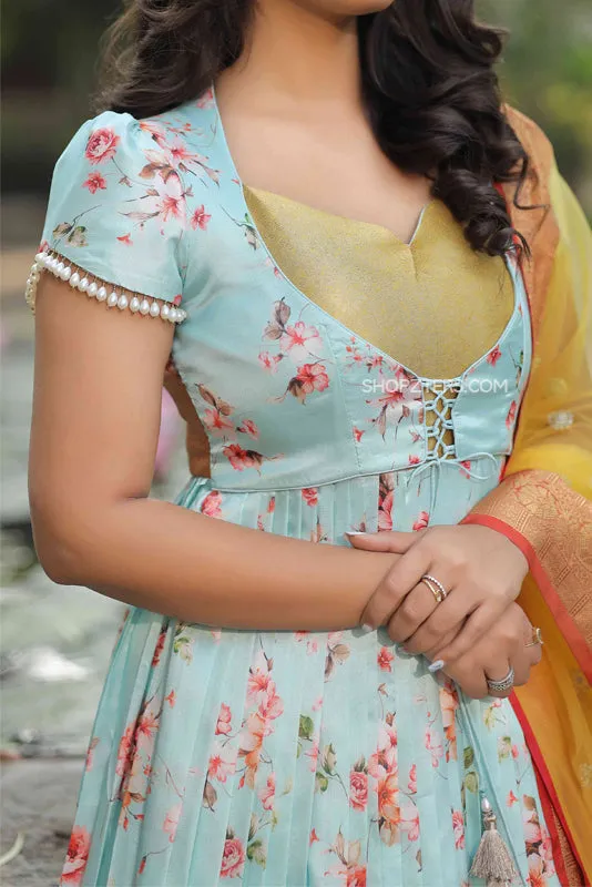 Iris Floral Silk Anarkali Dress