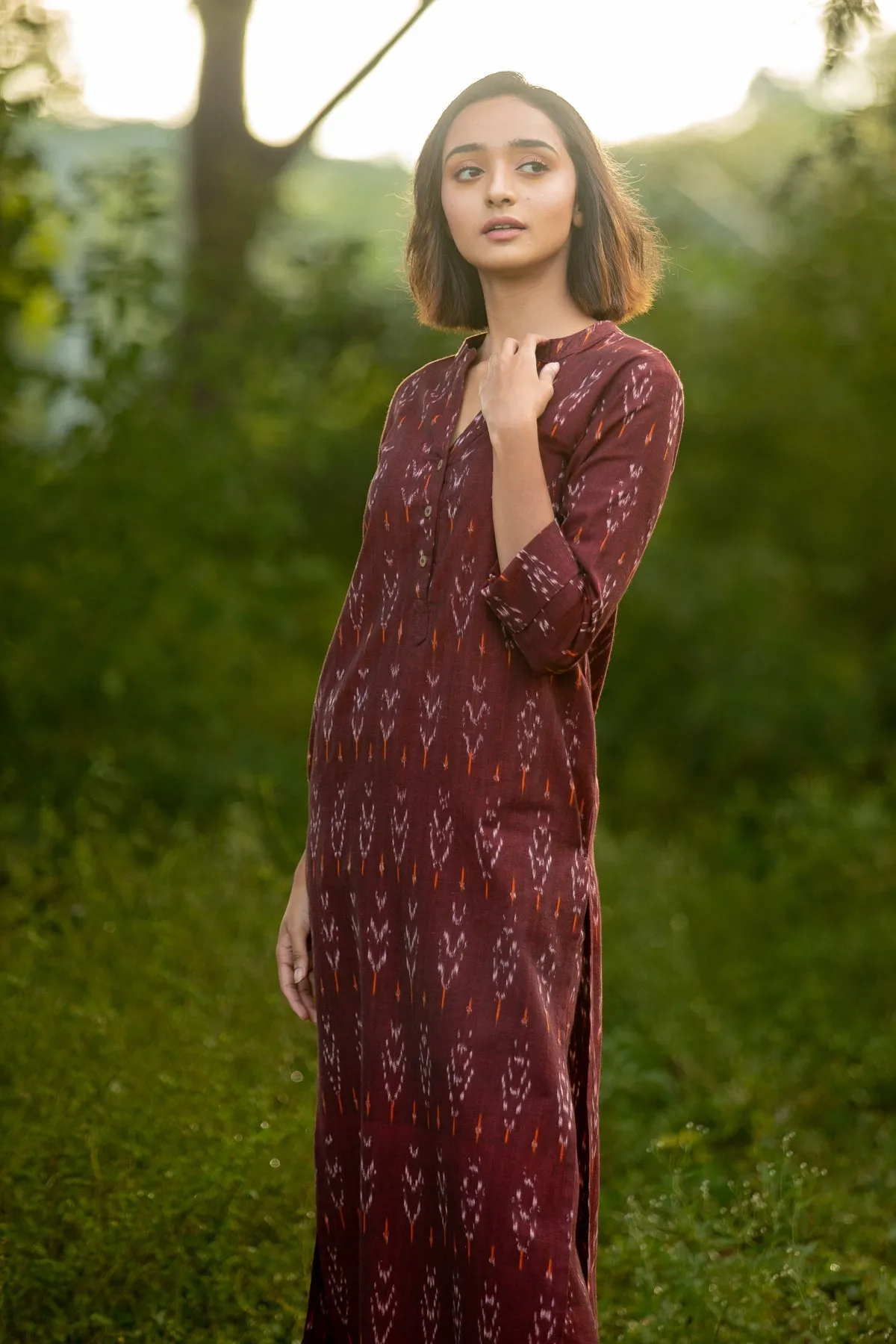 Jasmine Maroon Handloom Ikat Kurta and Pants Set