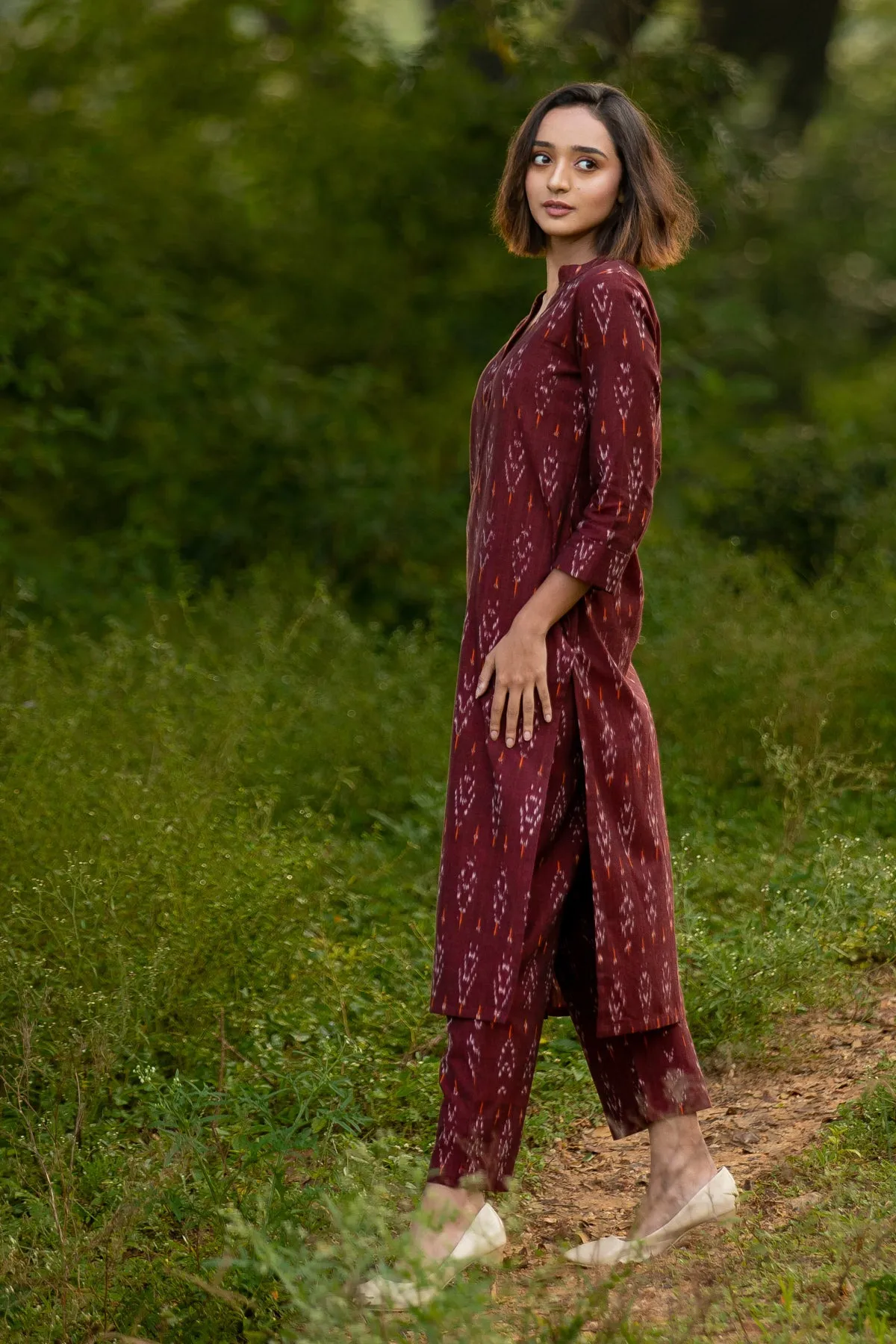 Jasmine Maroon Handloom Ikat Kurta and Pants Set
