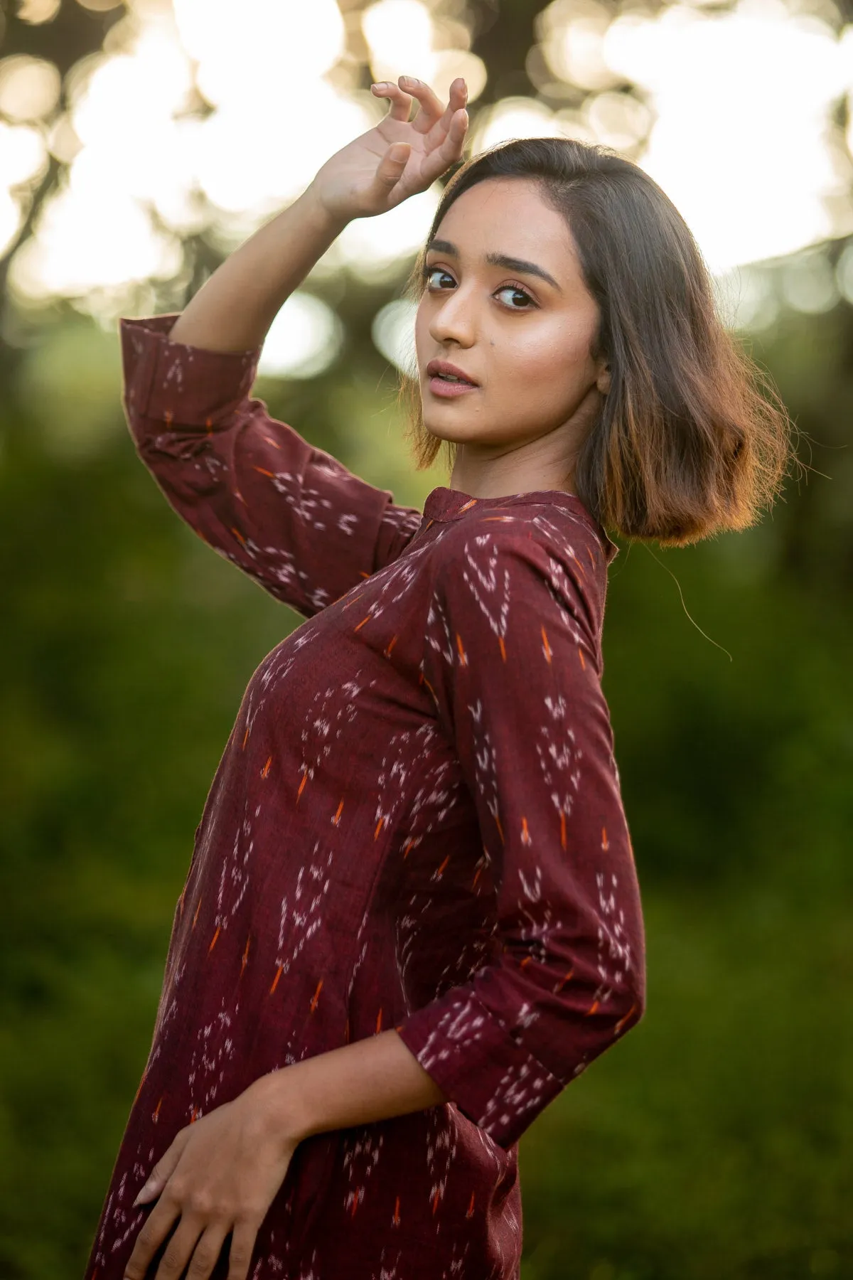Jasmine Maroon Handloom Ikat Kurta and Pants Set