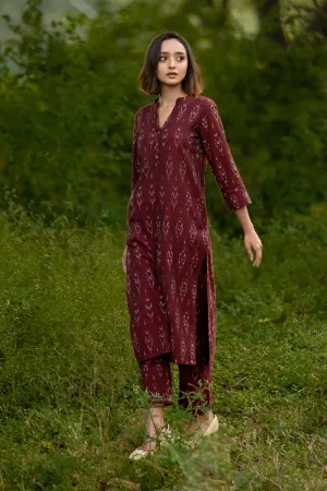 Jasmine Maroon Handloom Ikat Kurta and Pants Set