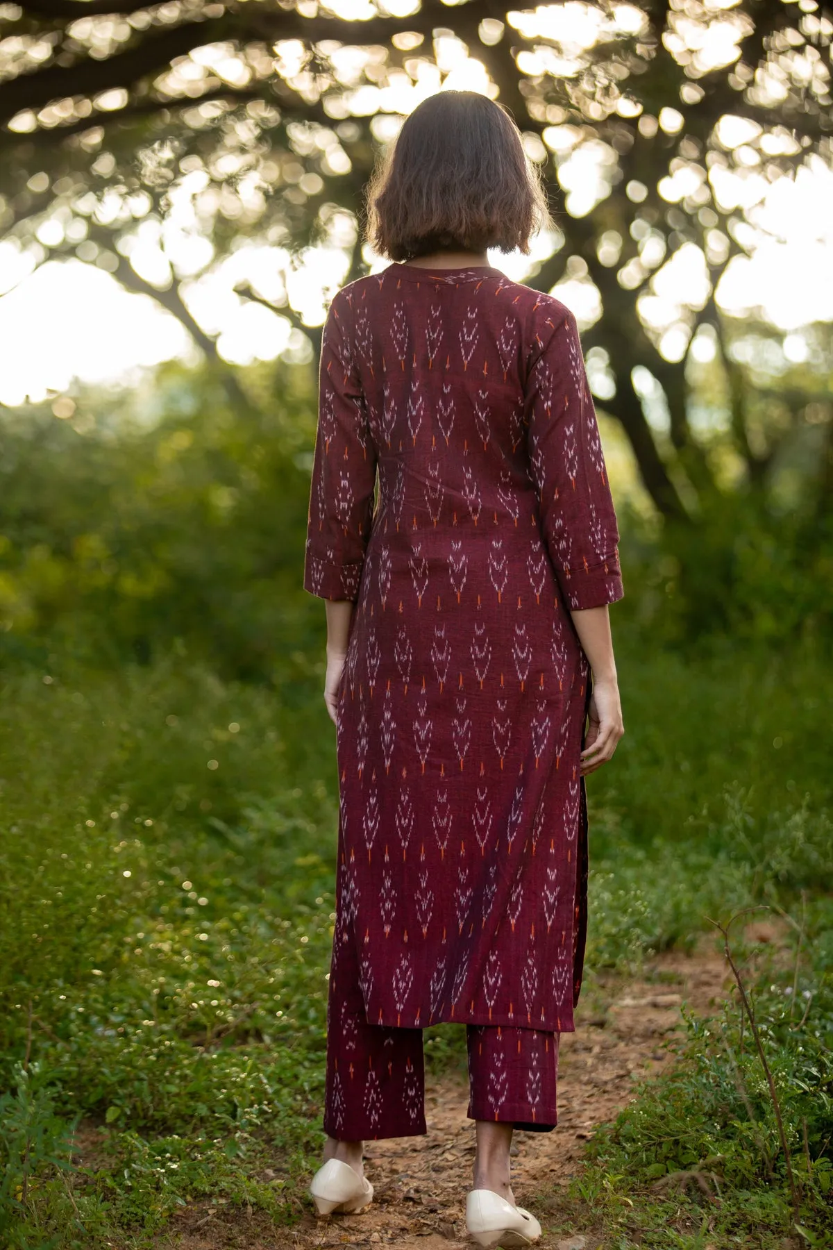 Jasmine Maroon Handloom Ikat Kurta and Pants Set