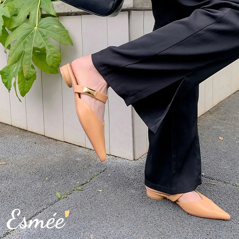 Leather Pointed Toe Mules with Metal Buckle Design