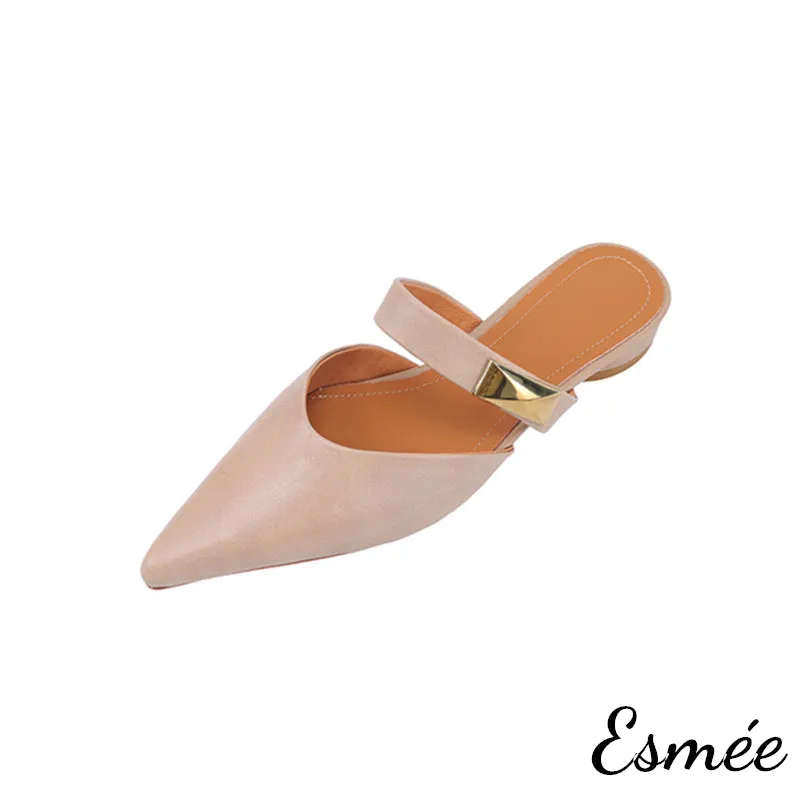 Leather Pointed Toe Mules with Metal Buckle Design