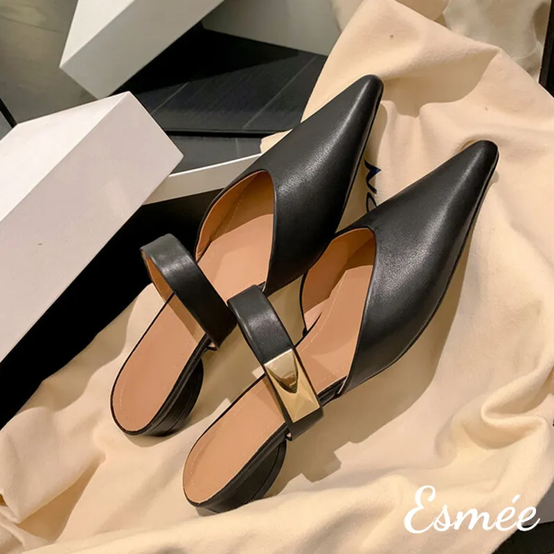 Leather Pointed Toe Mules with Metal Buckle Design