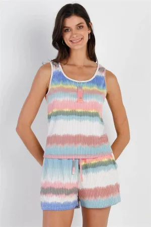 Multi Color Ribbed Stripe Tie-Dye Button Up Detail Top & Short Set /2-2-2