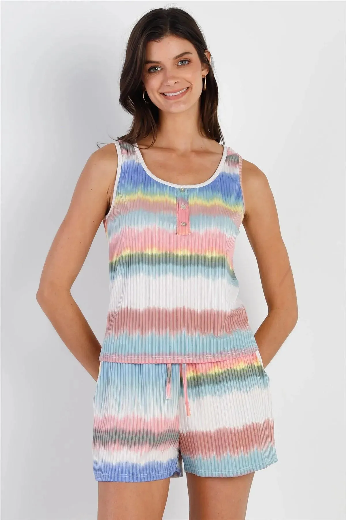 Multi Color Ribbed Stripe Tie-Dye Button Up Detail Top & Short Set /2-2-2