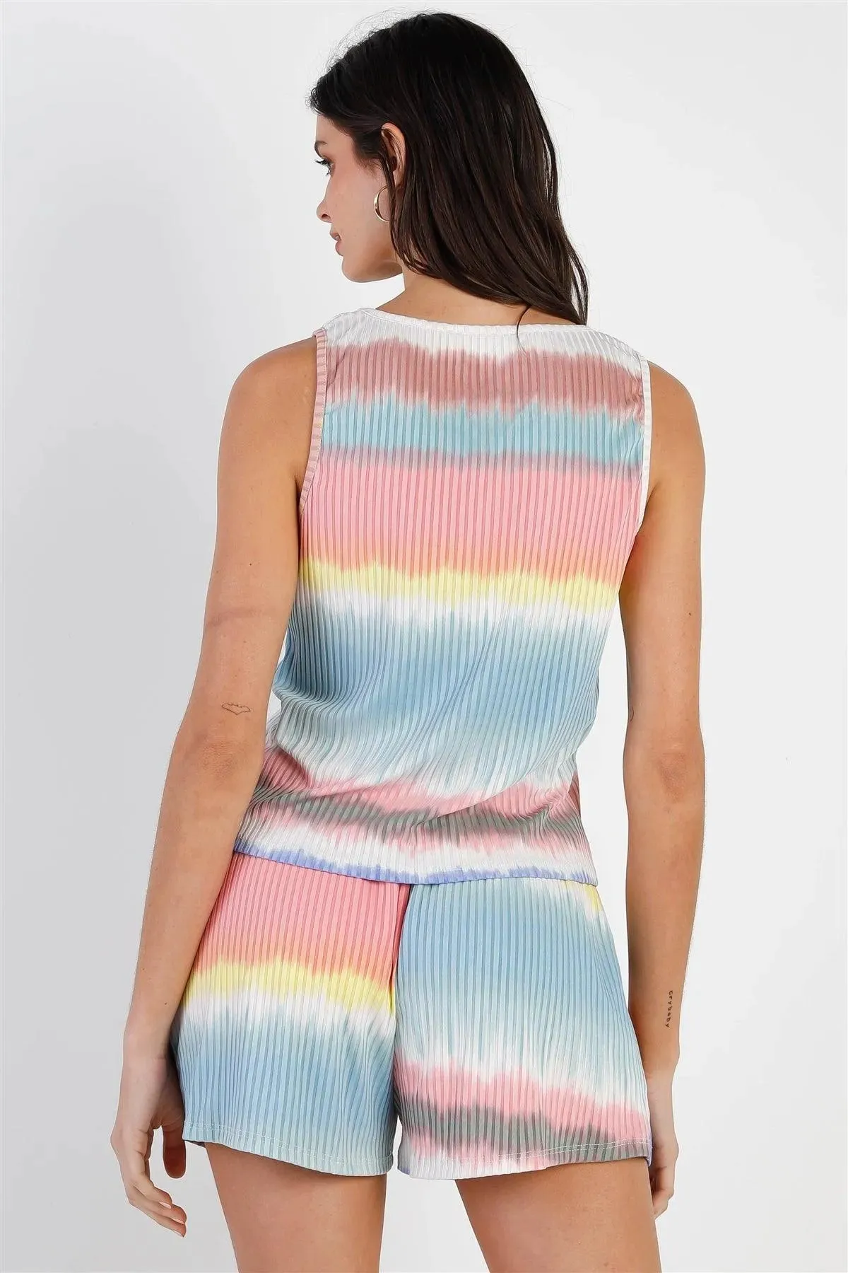 Multi Color Ribbed Stripe Tie-Dye Button Up Detail Top & Short Set /2-2-2