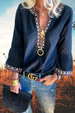 Navy Blue Boho Floral V Neck Long Sleeve Casual Blouses Top