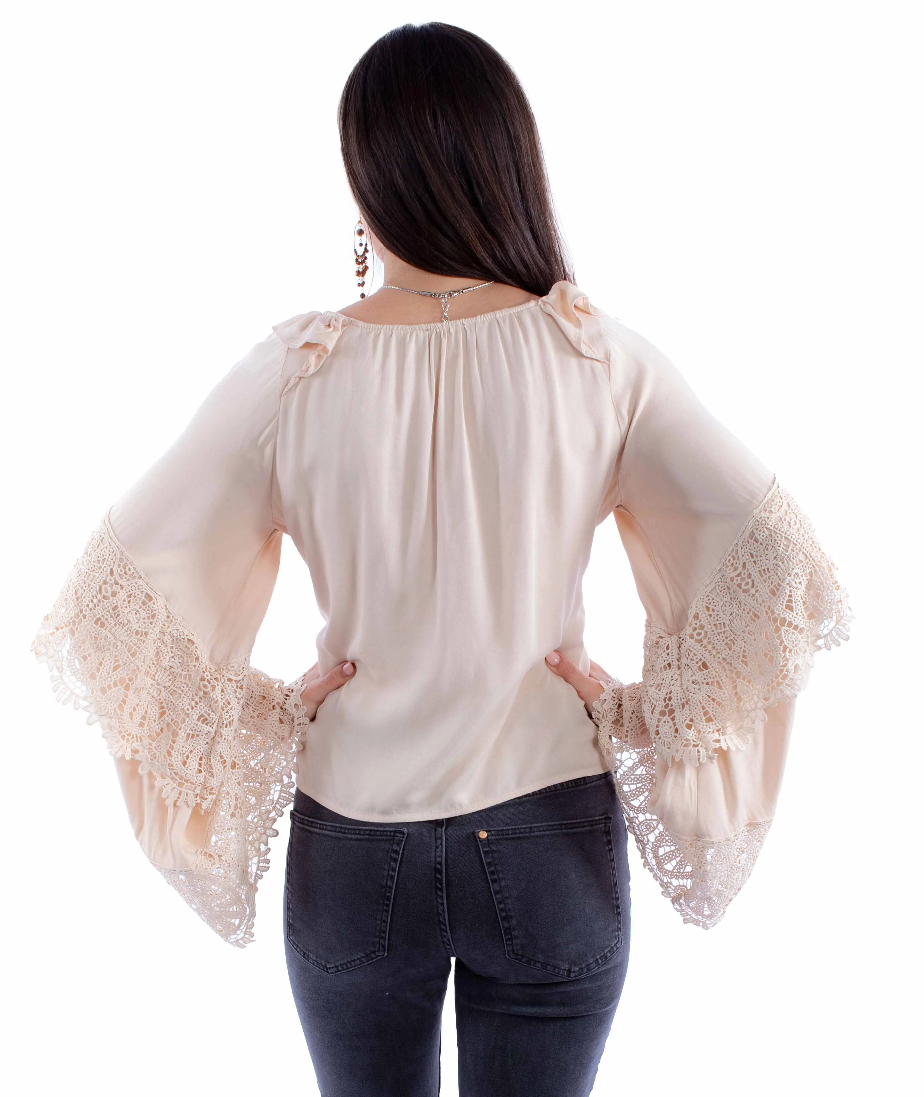 Never Knew Lonely Boho Style Crochet Bell Sleeve Blouse (DS)