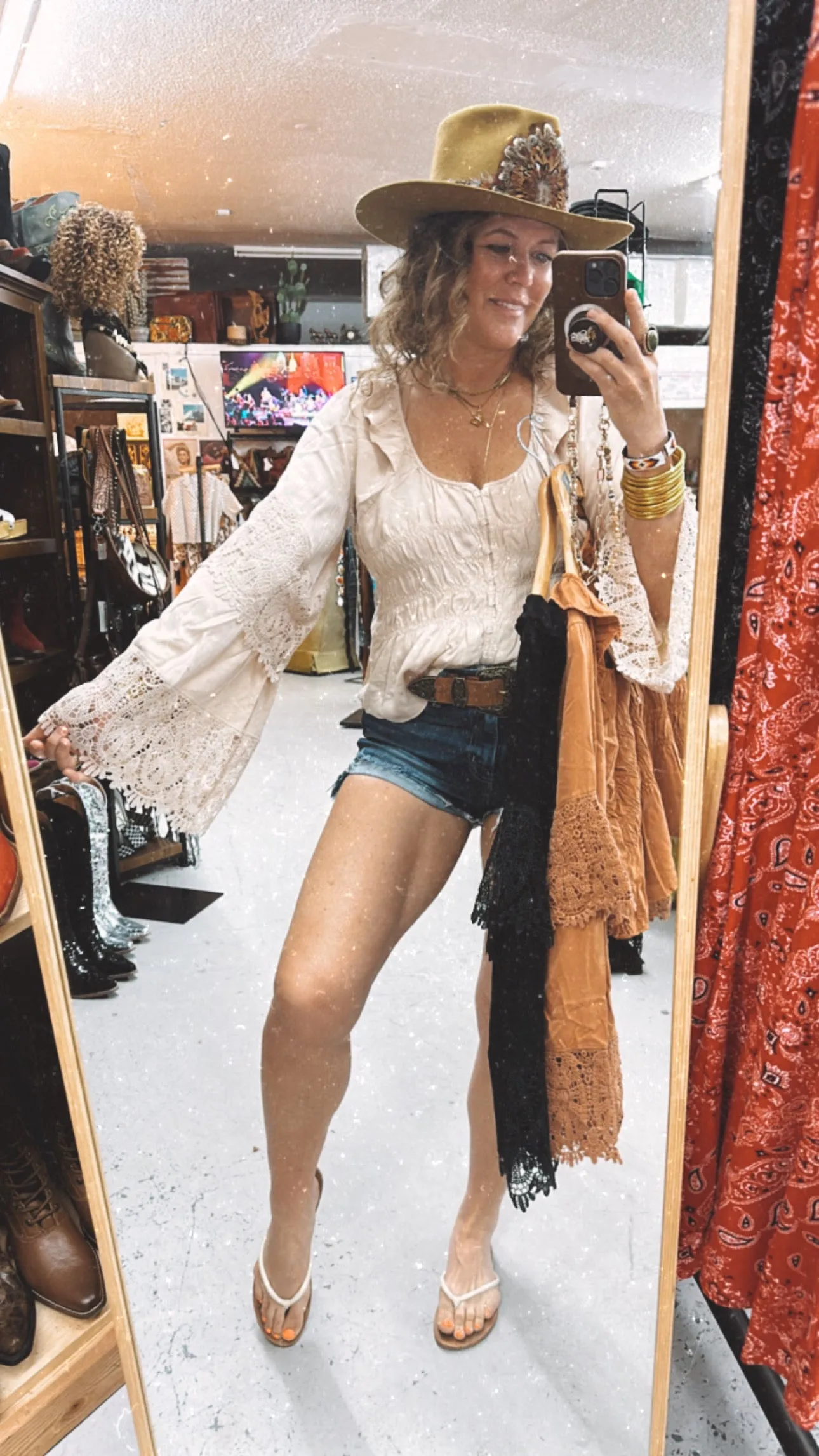 Never Knew Lonely Boho Style Crochet Bell Sleeve Blouse (DS)