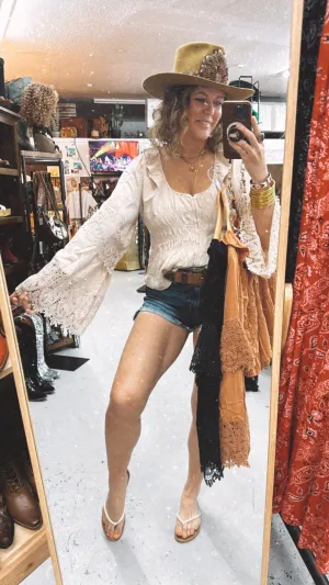 Never Knew Lonely Boho Style Crochet Bell Sleeve Blouse (DS)