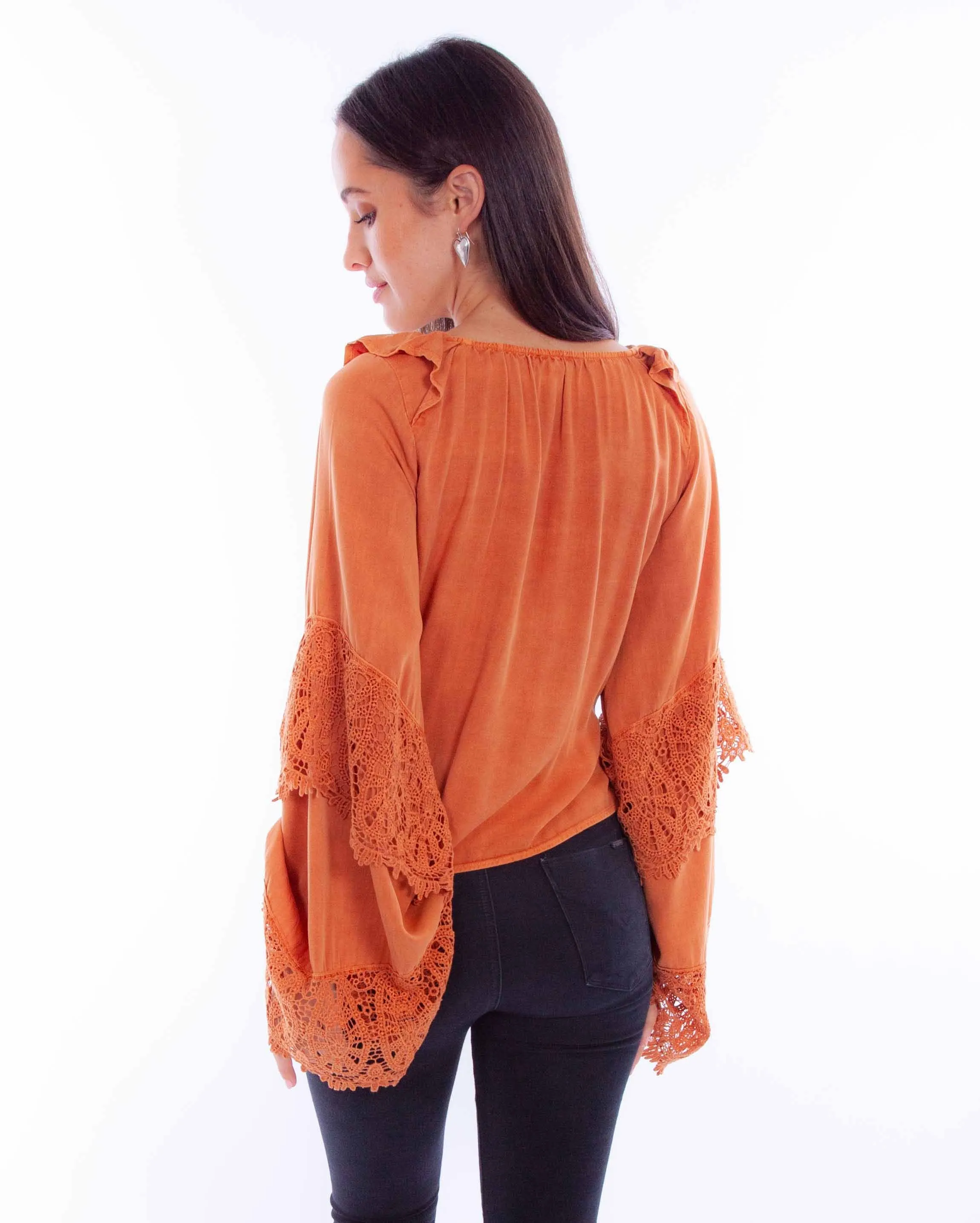 Never Knew Lonely Boho Style Crochet Bell Sleeve Blouse (DS)