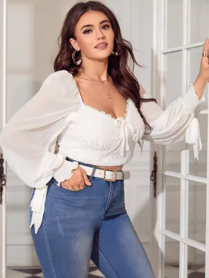 Plain Knot Long Sleeve Sweetheart Crop Plus Size Blouse