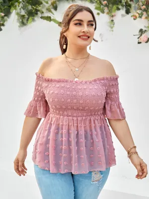 Plain Shirred Half Sleeve Off The Shoulder Regular Plus Size Blouse