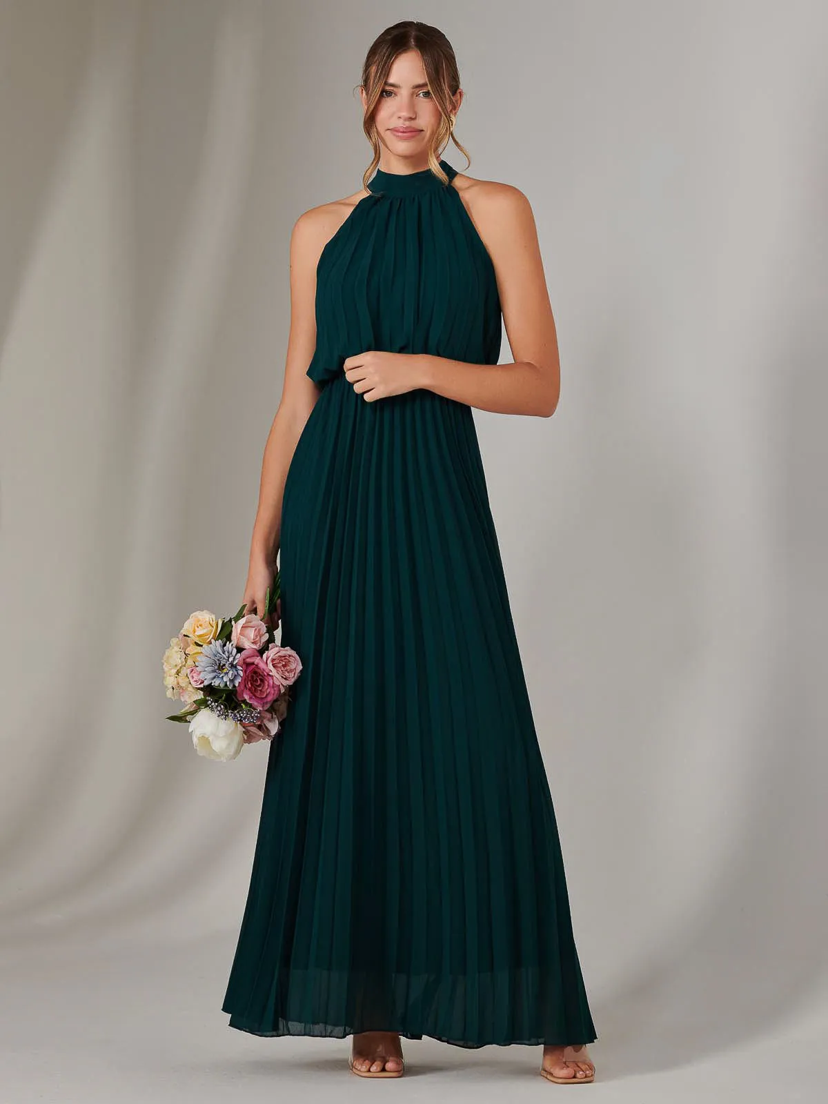 Pleated Bridesmaids Maxi Dress, Dark Green