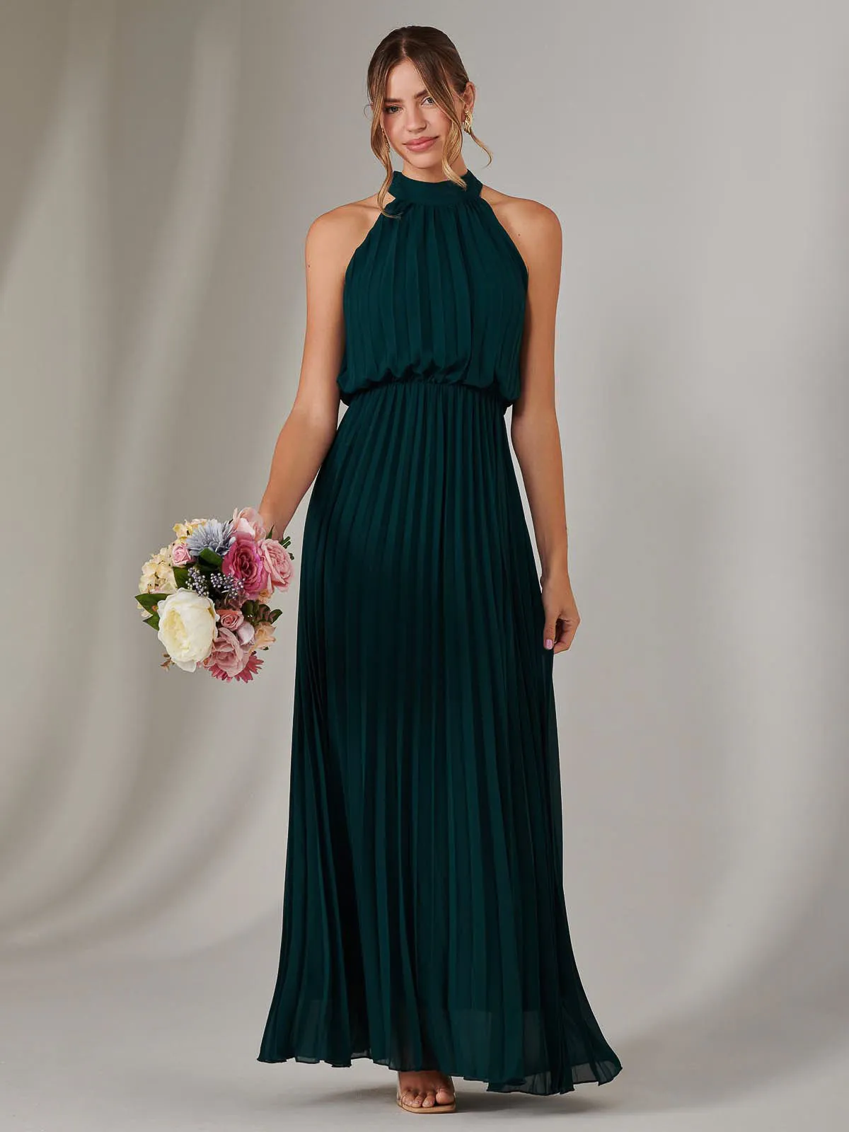 Pleated Bridesmaids Maxi Dress, Dark Green